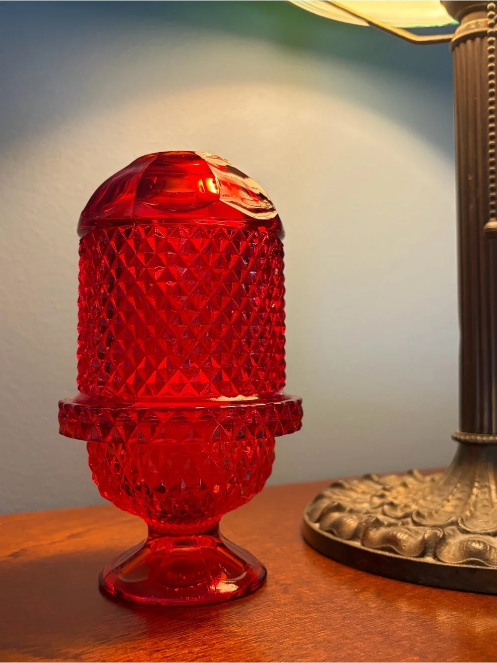 Vintage Viking Glass Ruby Red Diamond Point Glimmer Fairy Lamp MCM Cadmium Glow